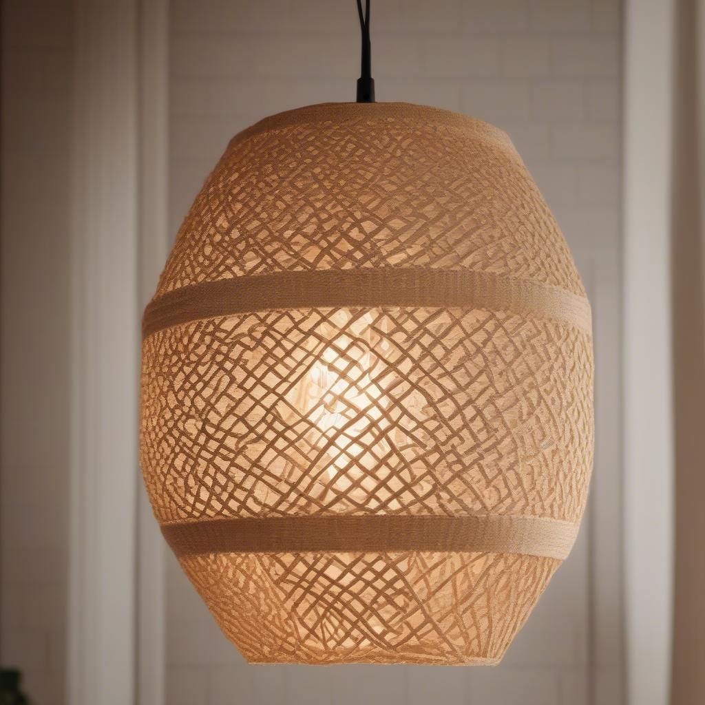 A beautiful basket weave pendant light made of natural fibers, casting a warm glow in a living room.