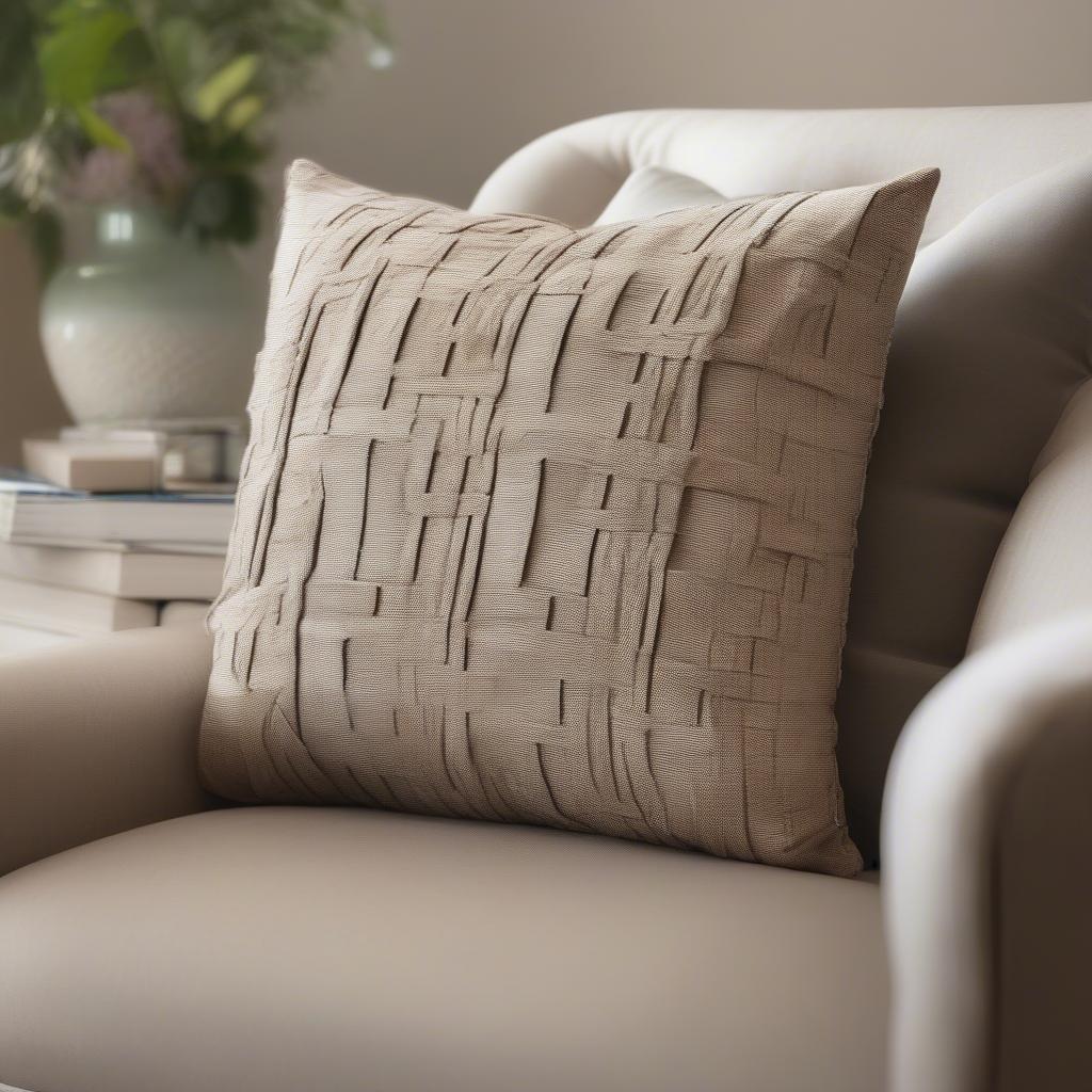 A basket weave pillow placed on a sofa in a living room setting, complementing the overall decor.