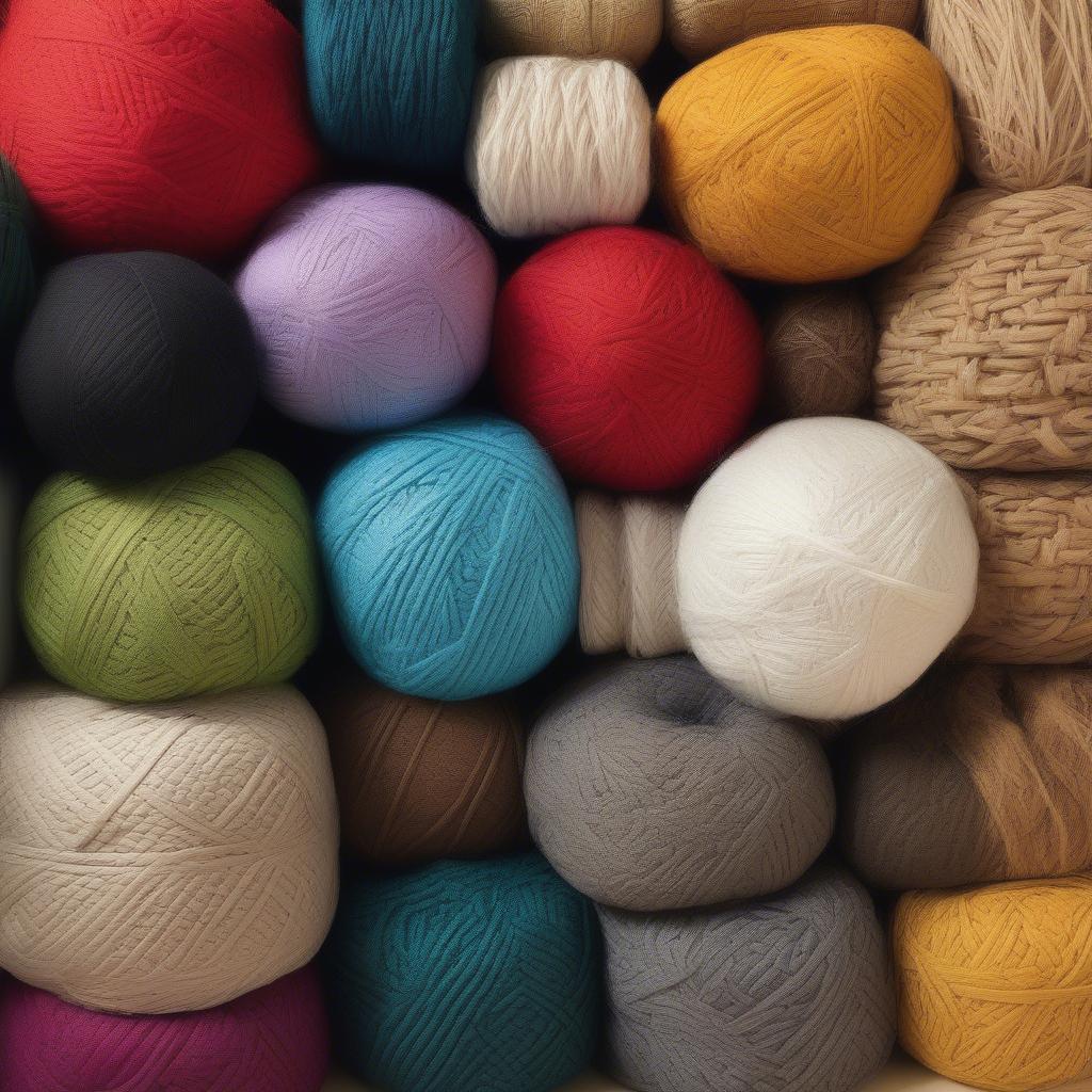 Close-up of different yarn materials used for basket weave pillows, including wool, cotton, and acrylic.