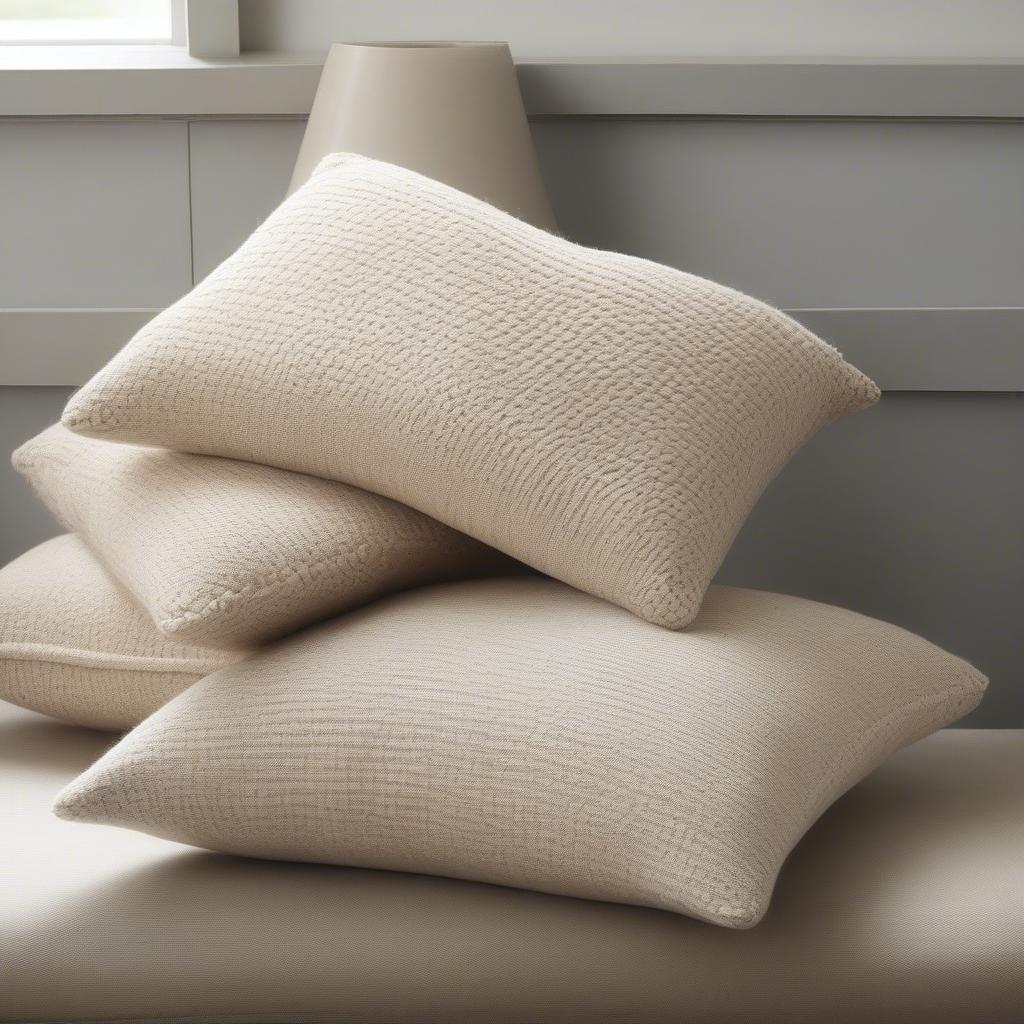 Various basket weave pillows showcasing different materials, colors, and knitting patterns.