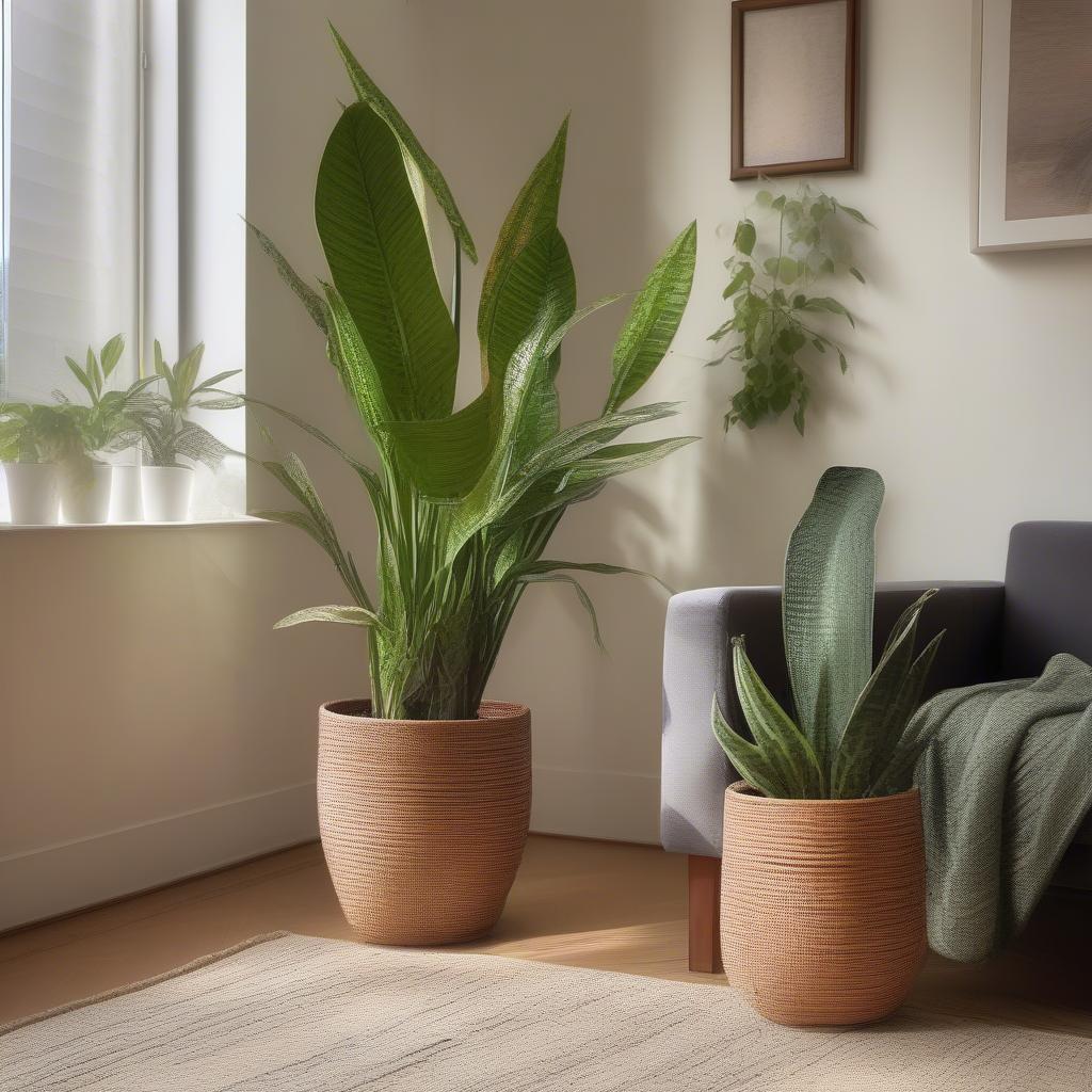 16-Inch Basket Weave Plant Pot in an Indoor Setting