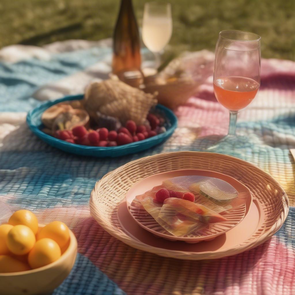 Basket weave plastic plates used at an outdoor picnic setting