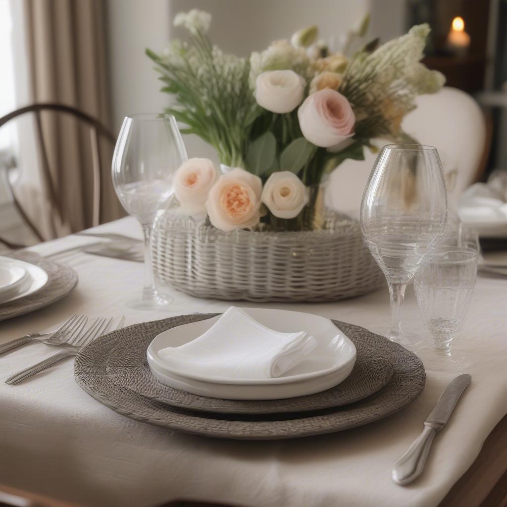 A beautifully set table featuring a basket weave plate set, complemented by linen napkins and fresh flowers.