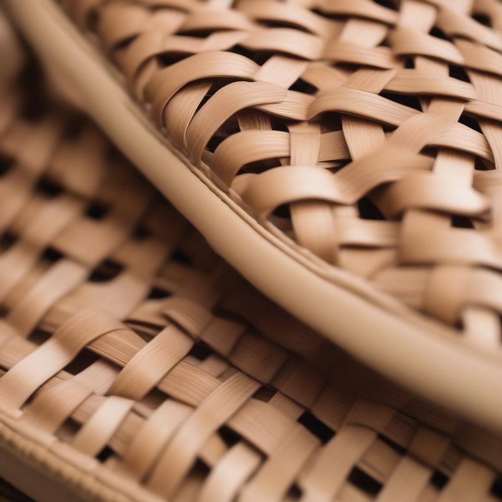 Close-up of intricately woven basket weave platform sandals showcasing the natural fibers and craftsmanship.