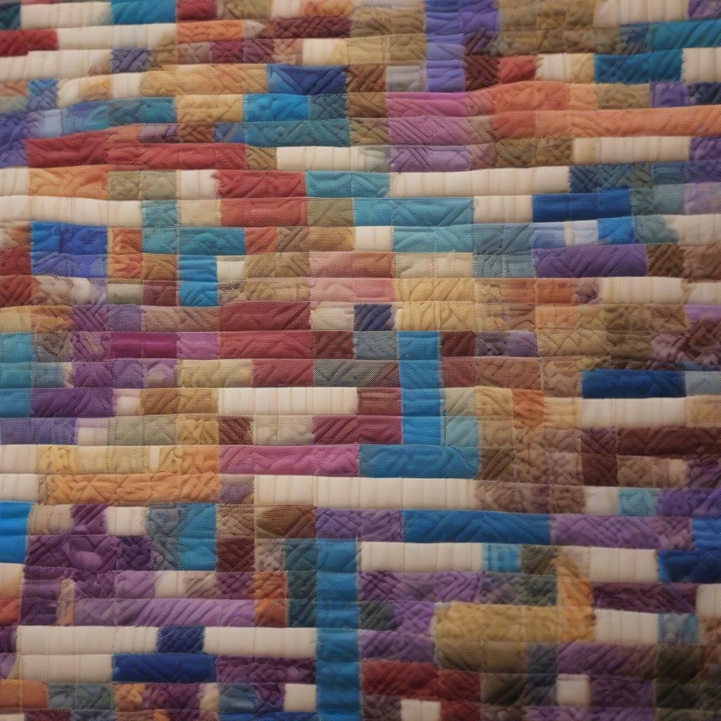 Close-up view of a basket weave quilt pattern, showcasing the interwoven fabric strips and the intricate texture created by the quilting stitches.