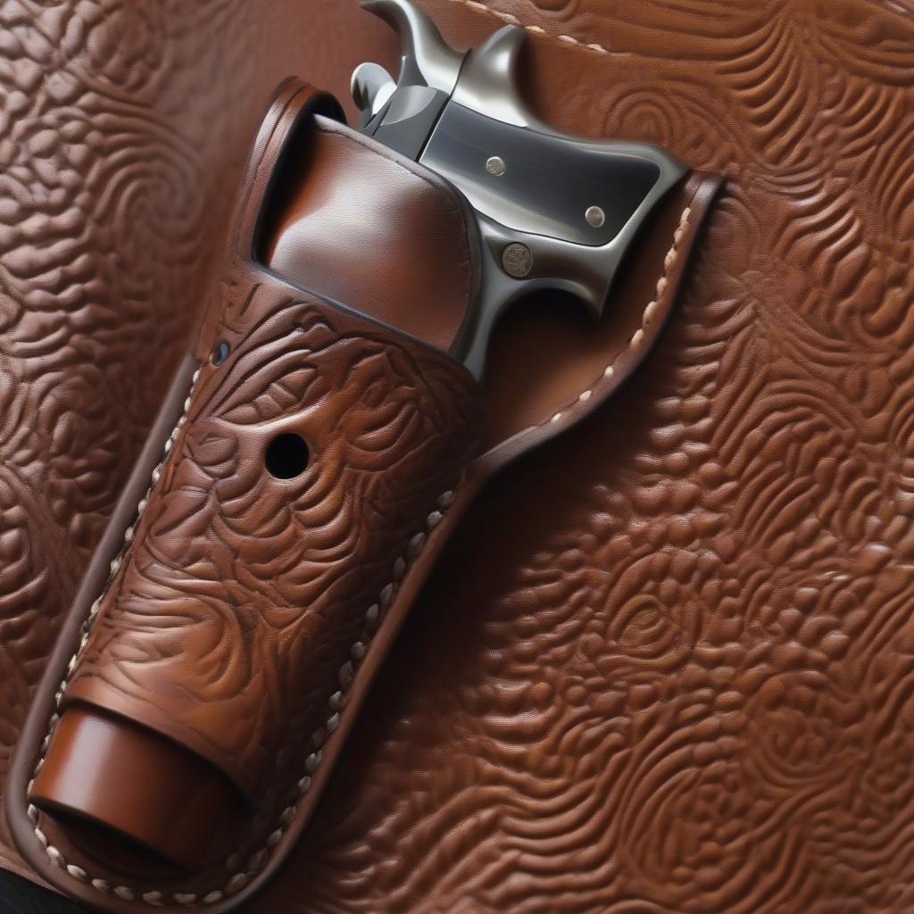 Close-up of a basket weave revolver holster showing the intricate detail of the tooling