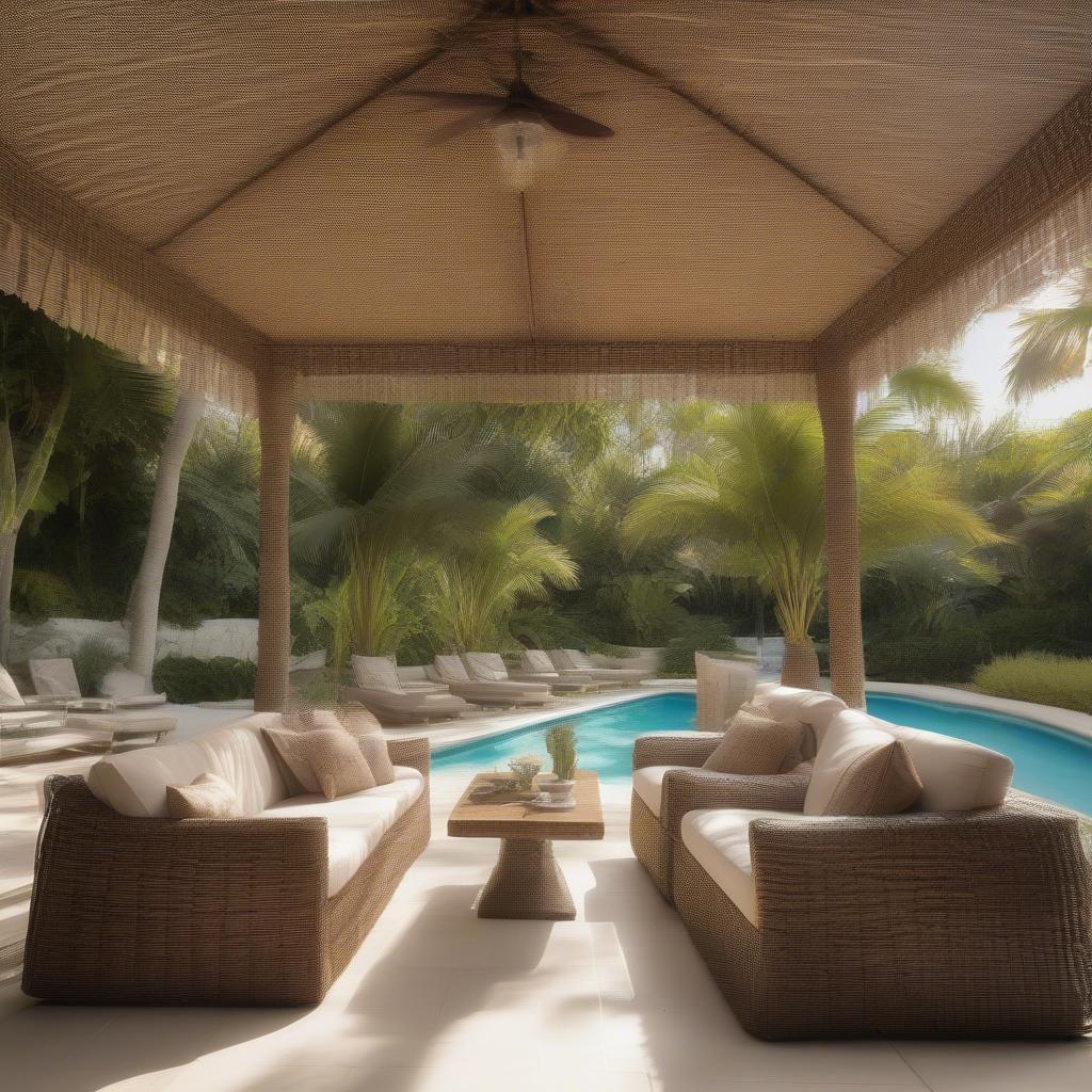 Basket weave roof on a poolside cabana, providing shade and a tropical feel