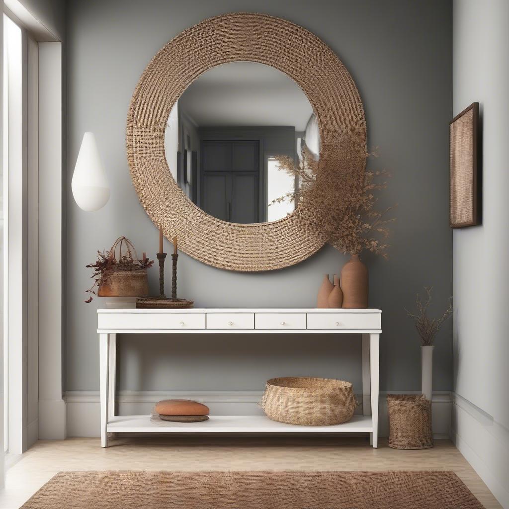 A basket weave runner placed in a hallway with a console table and a mirror.