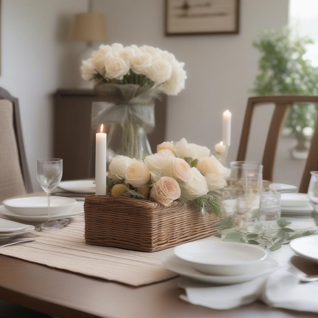 Basket weave runner placed on a dining table with a centerpiece and place settings.