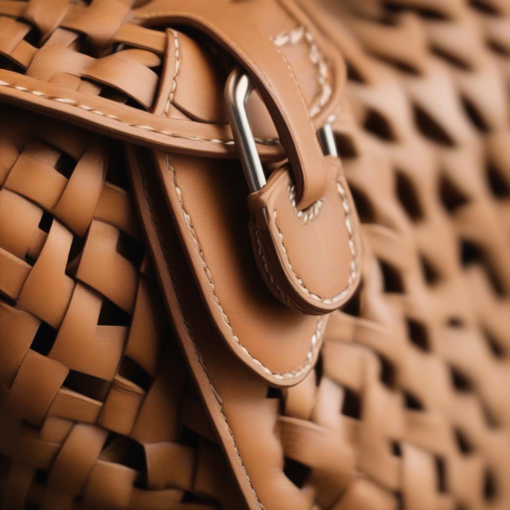 Close-up view of a basket weave satchel showcasing the intricate detail and craftsmanship.