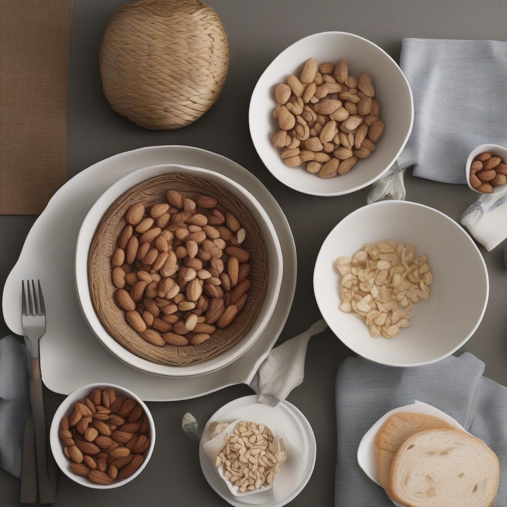 Different sizes of basket weave serving bowls arranged on a table setting, demonstrating their various uses.