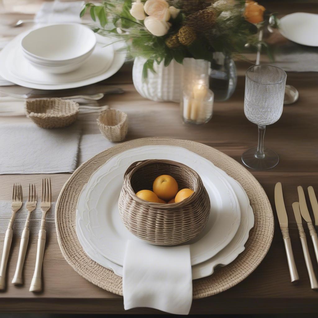 A beautifully set table featuring basket weave serving bowls as the centerpiece, surrounded by complementary tableware and decor.