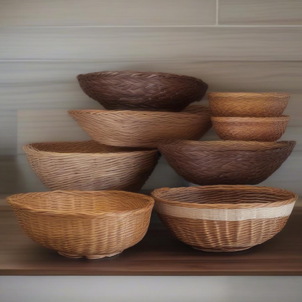 Variety of basket weave serving bowls showcasing different materials, sizes, and styles.