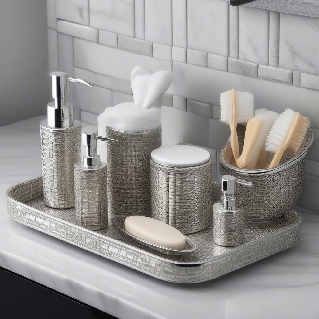 A luxurious silver bathroom accessories set featuring the intricate basket weave design.