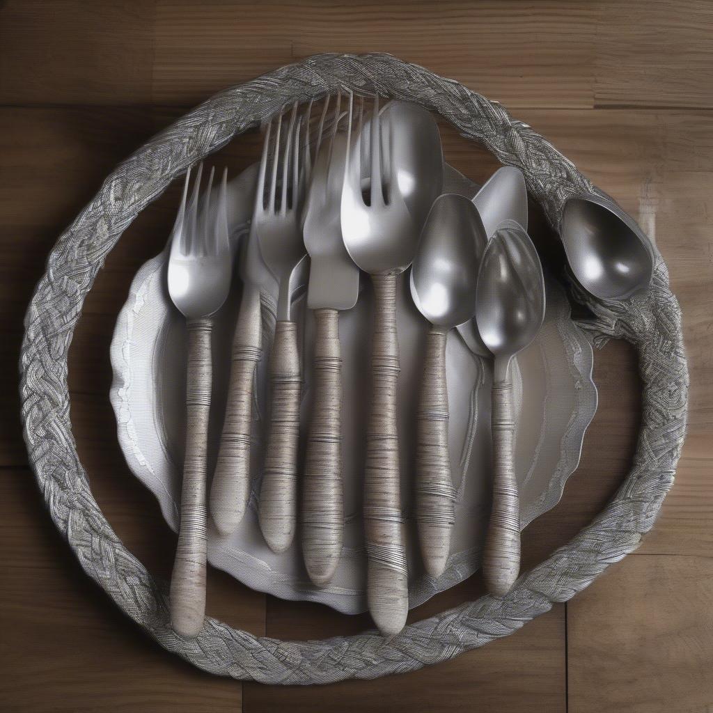 Basket weave silverware flatlay showcasing various pieces on a rustic wooden table.