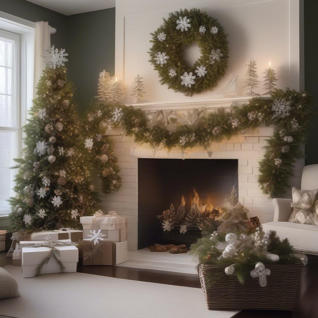 Basket Weave Snowflake Decorations:  Display of basket weave snowflakes used in various decorative settings, including wreaths, garlands, and gift wrapping.