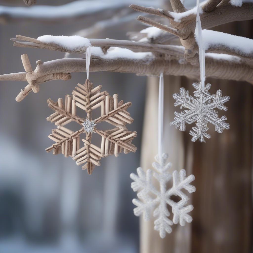 Basket Weave Snowflake Ornaments: Close-up of intricate snowflake ornaments woven from natural materials, showcasing different patterns and embellishments.