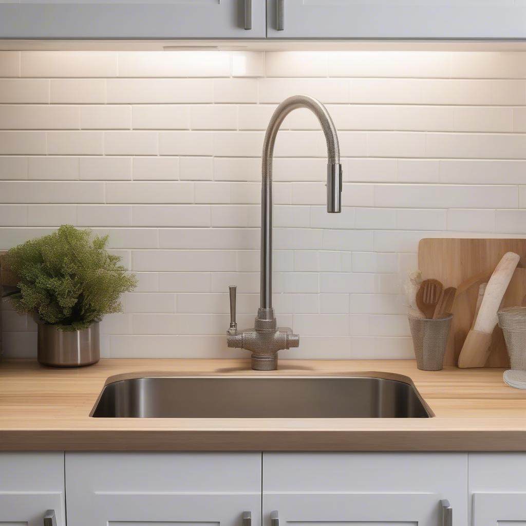 Basket weave stainless steel farm sink in a modern kitchen with white cabinets and wooden countertops.