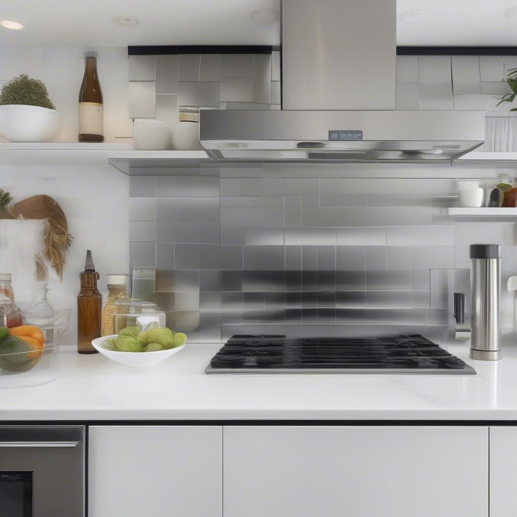 Modern Kitchen with Basket Weave Stainless Steel Backsplash