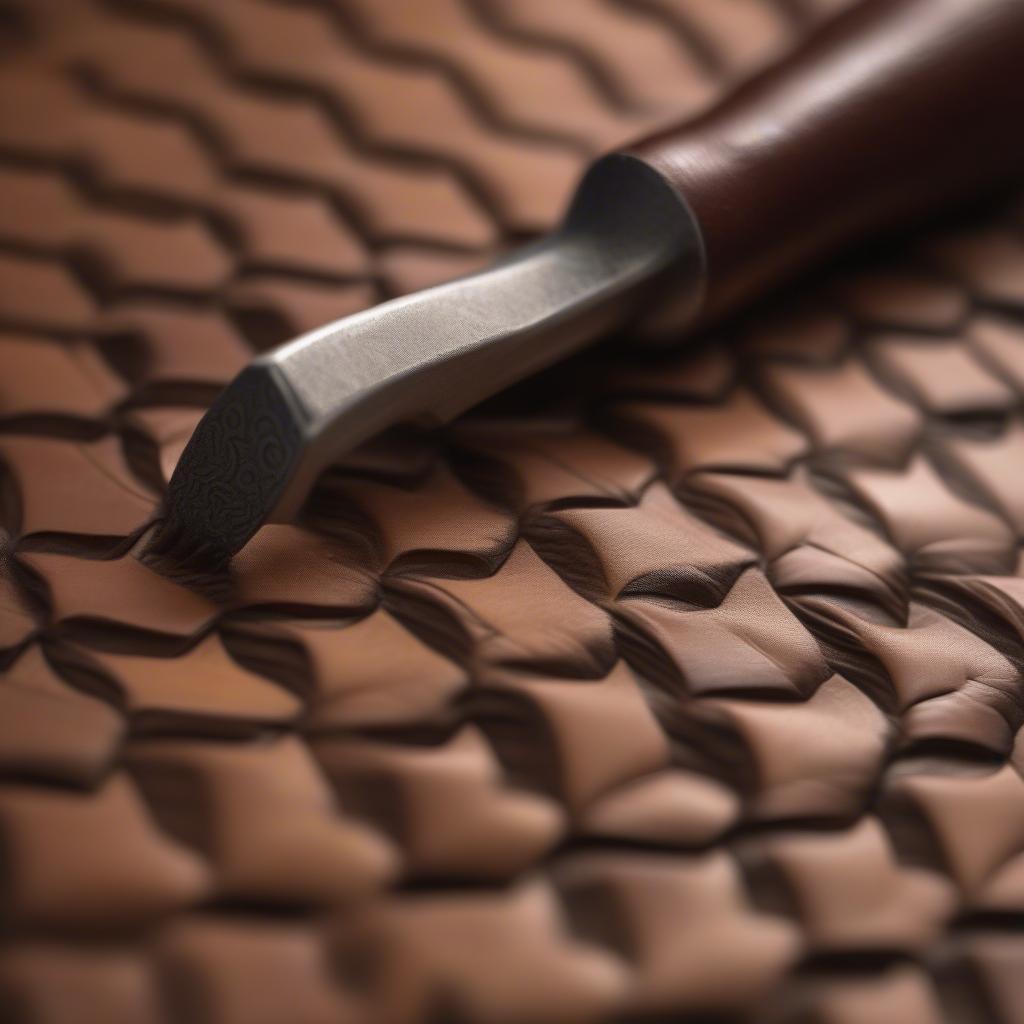 Basket weave stamping tool creating a detailed pattern on leather