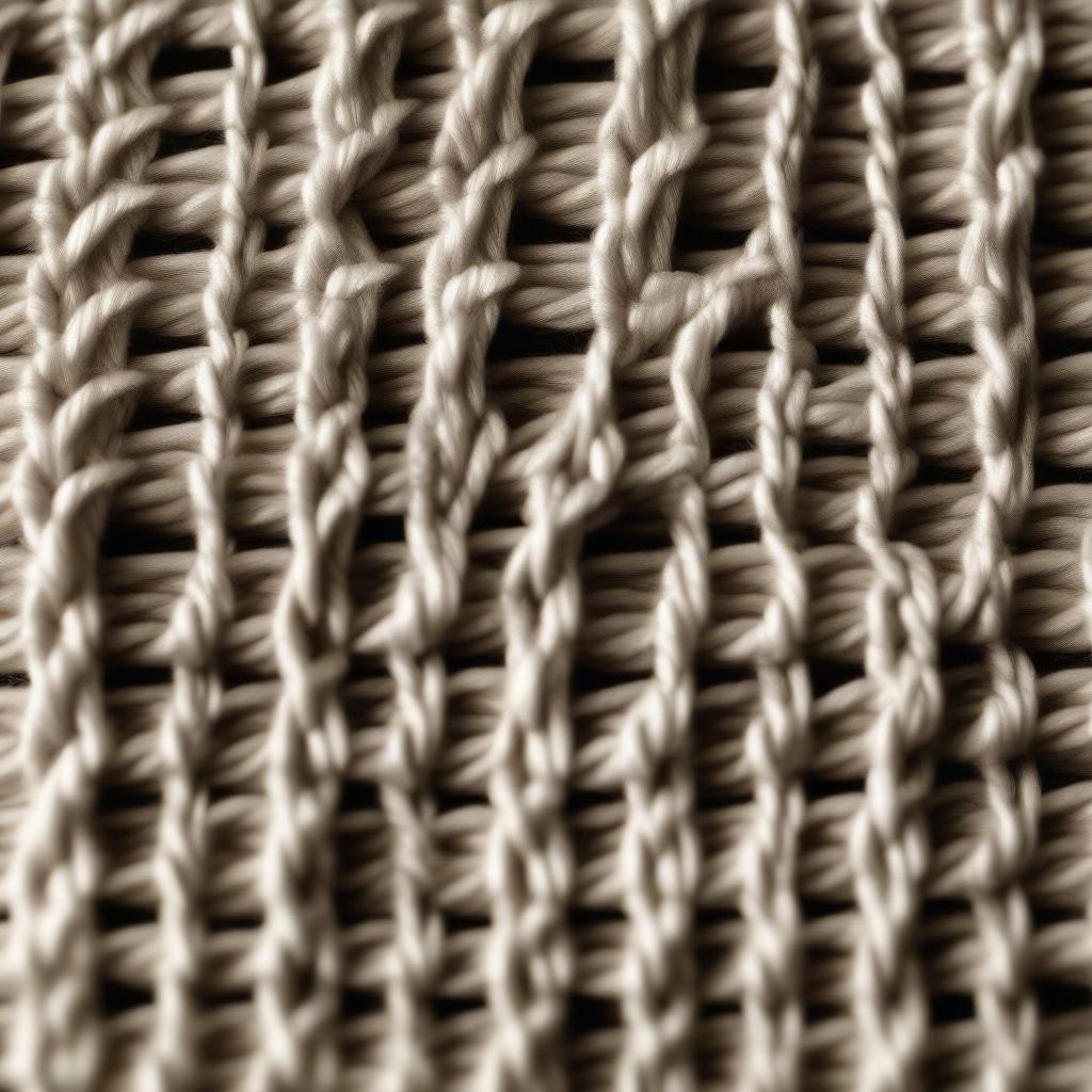 Crocheting the Basket Weave Stitch: A close-up view of the hook working through the stitches, showing the alternating single and double crochet rows and the resulting texture.