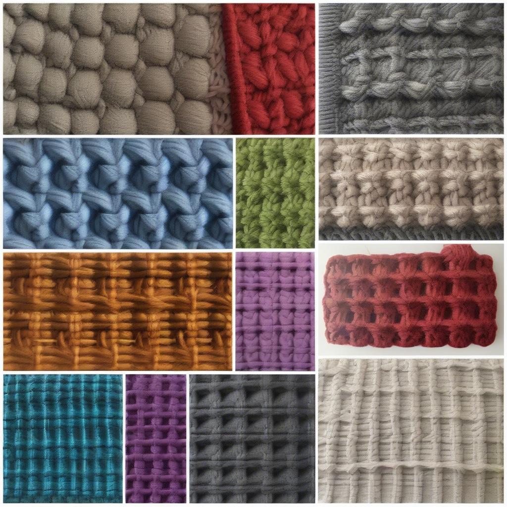 Examples of different variations of the basket weave stitch in crochet, showing different group sizes and incorporated stitches.