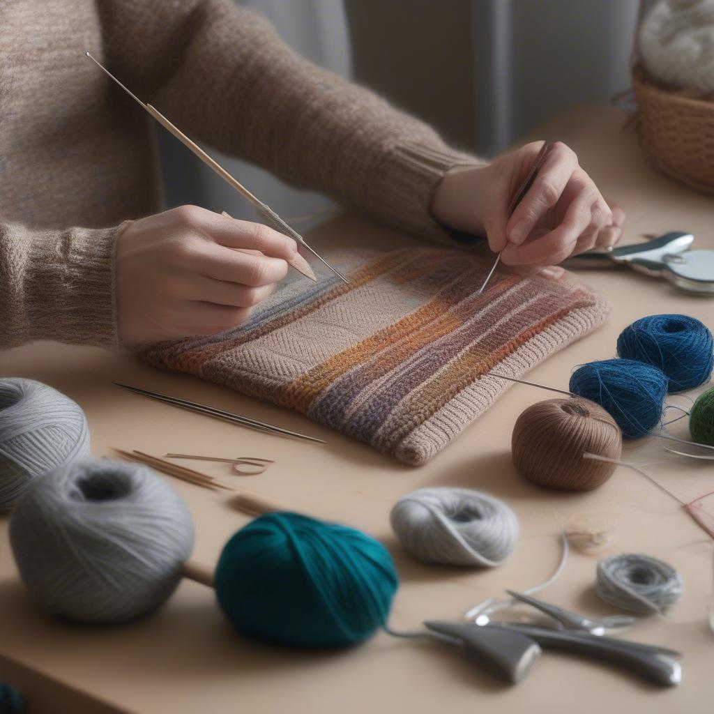 Knitting a basket weave sweater in progress