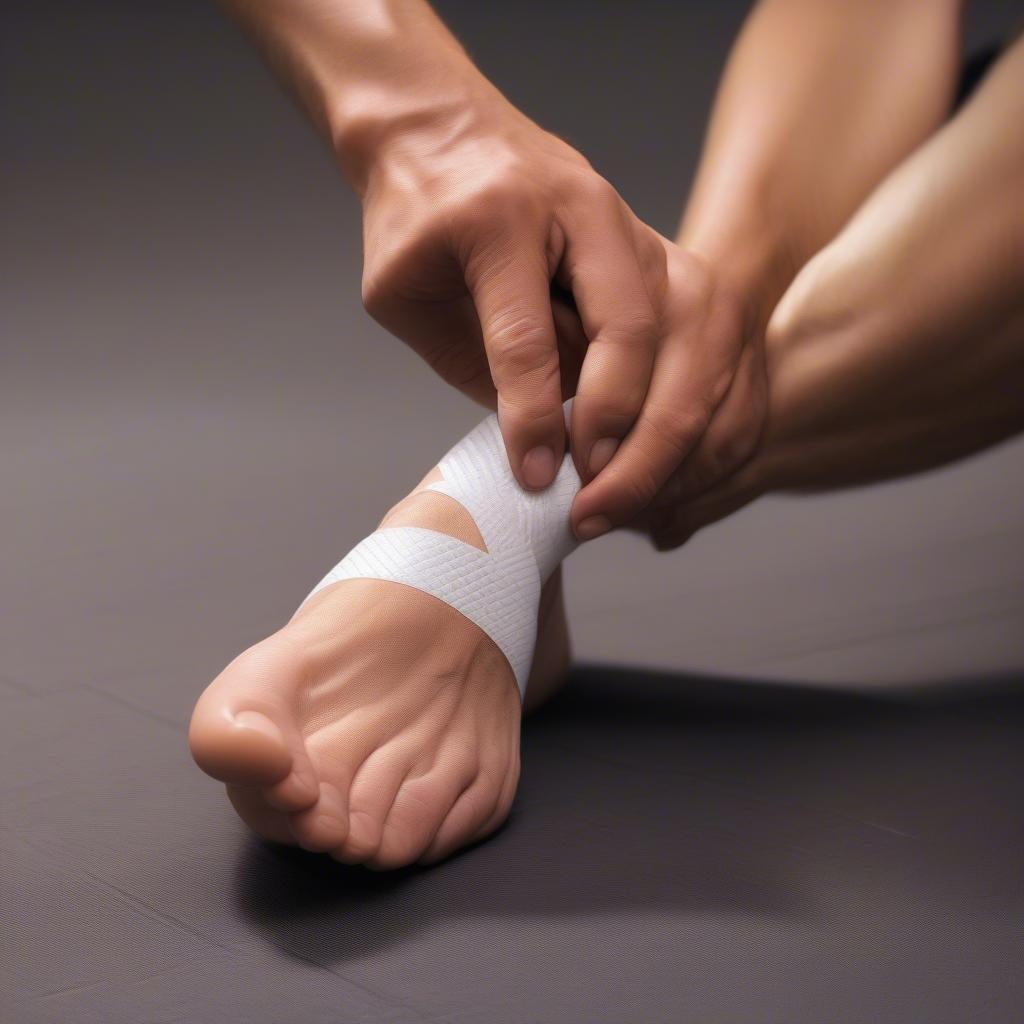 Basket weave tape being applied to an ankle