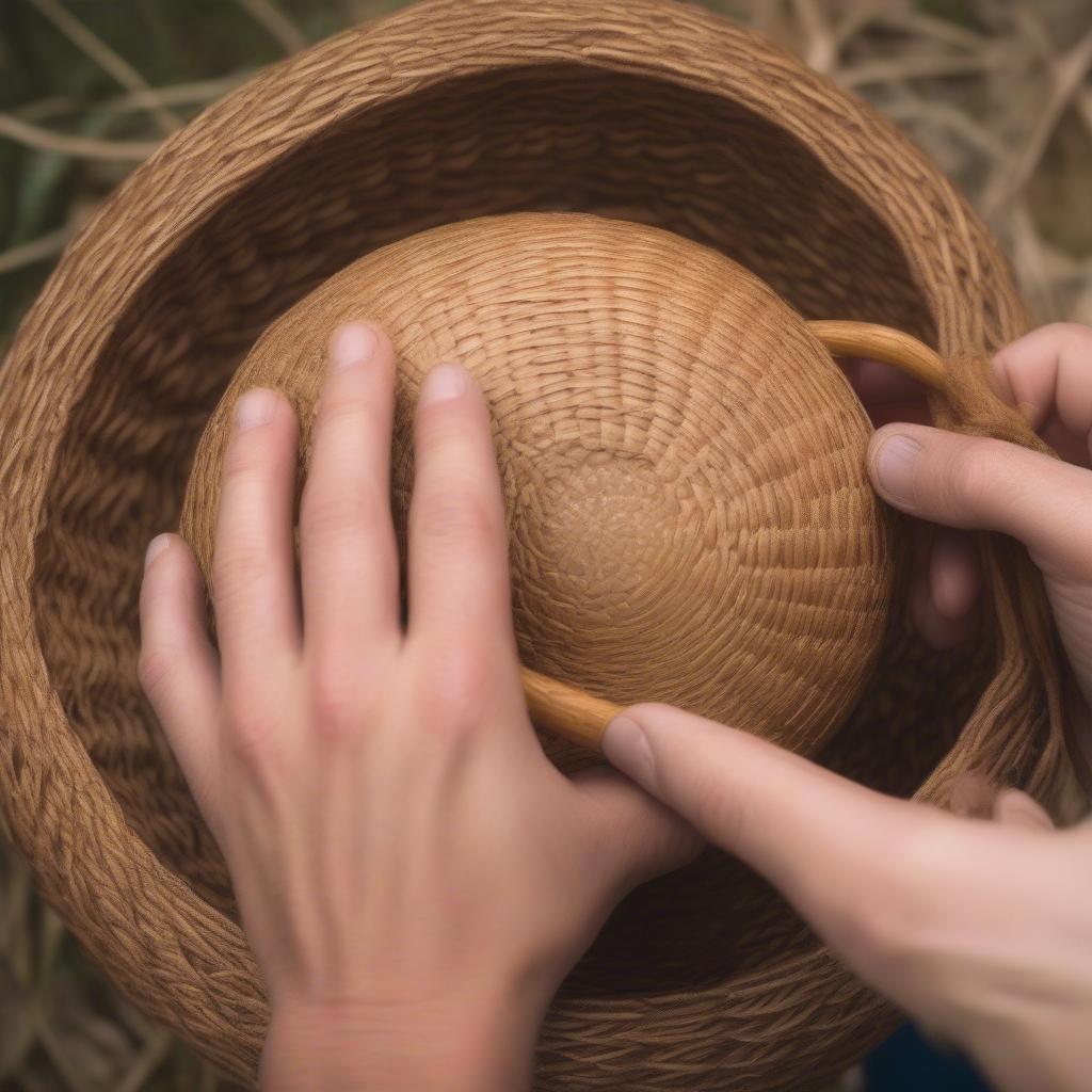 Hands demonstrating different basket weaving techniques on a gourd, including over-under, twining, and coiling, showcasing the variety of patterns achievable.