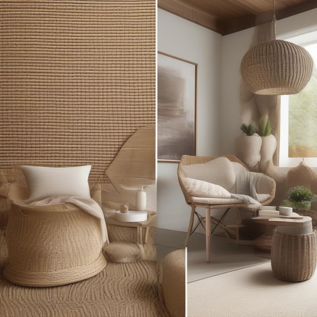 Examples of basket weave texture in interior design, including wallpaper, furniture, and decorative accessories.