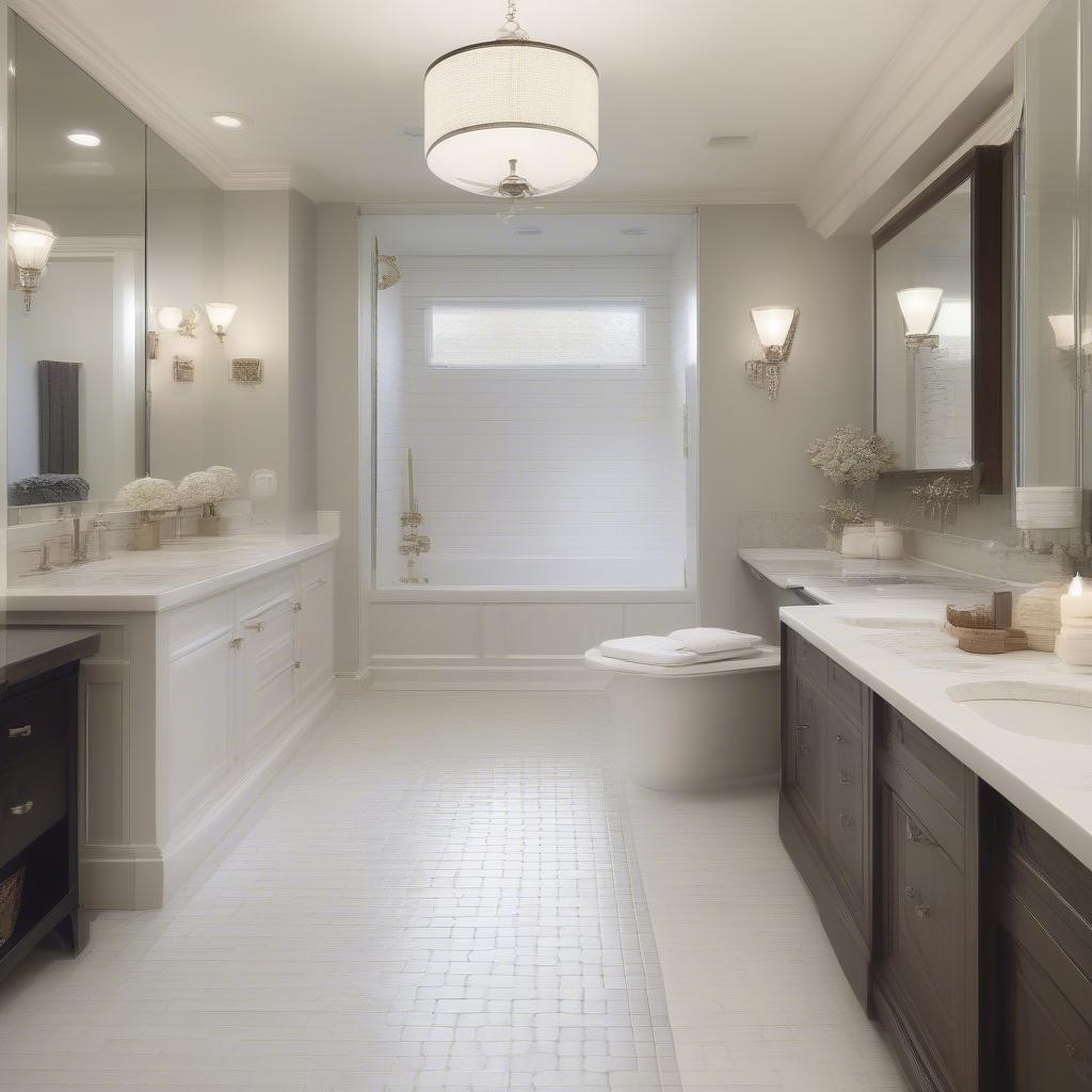 Bathroom with Basket Weave Tile Floor and Built-in Tub