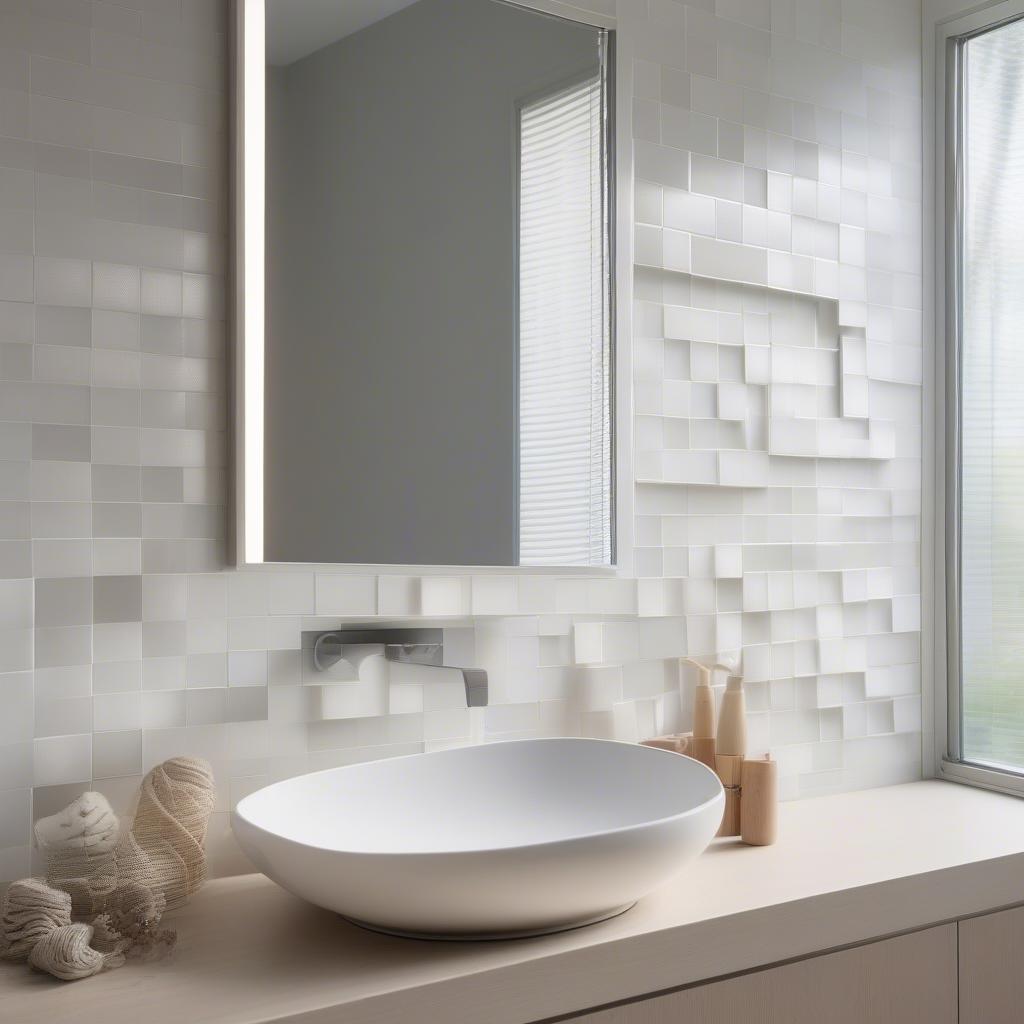 Basket weave tile backsplash in white and gray installed in a bright, modern bathroom.