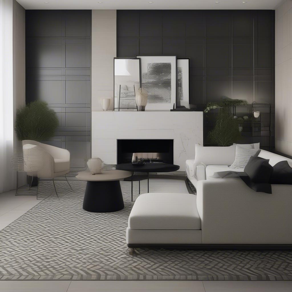 Basket weave tile with black bars and white dots used as an accent wall in a living room