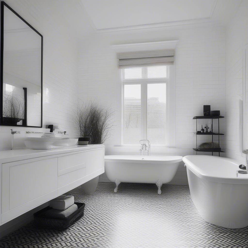 Basket weave tile with black bars and white dots used for a bathroom floor