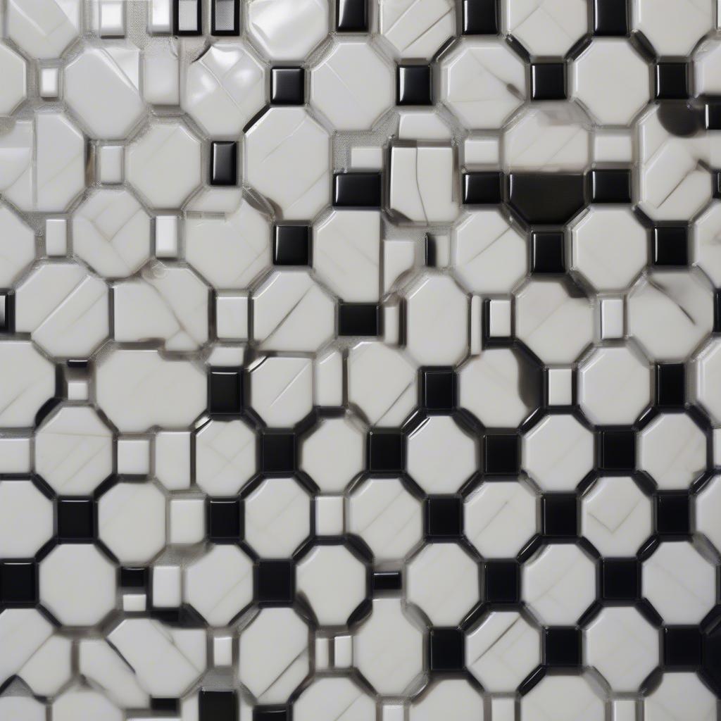 Basket weave tile with black bars and white dots used as a kitchen backsplash