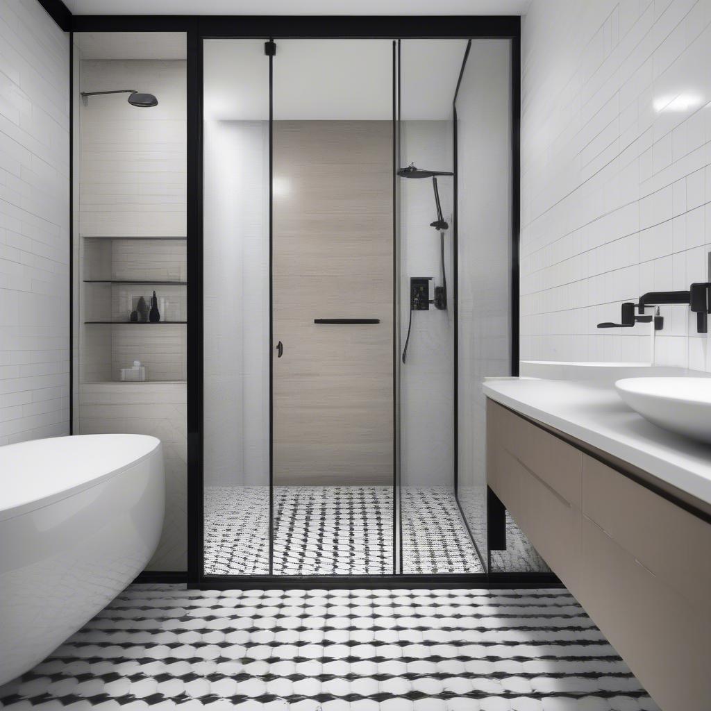 Black and white basket weave tiles used as a shower wall in a contemporary bathroom.