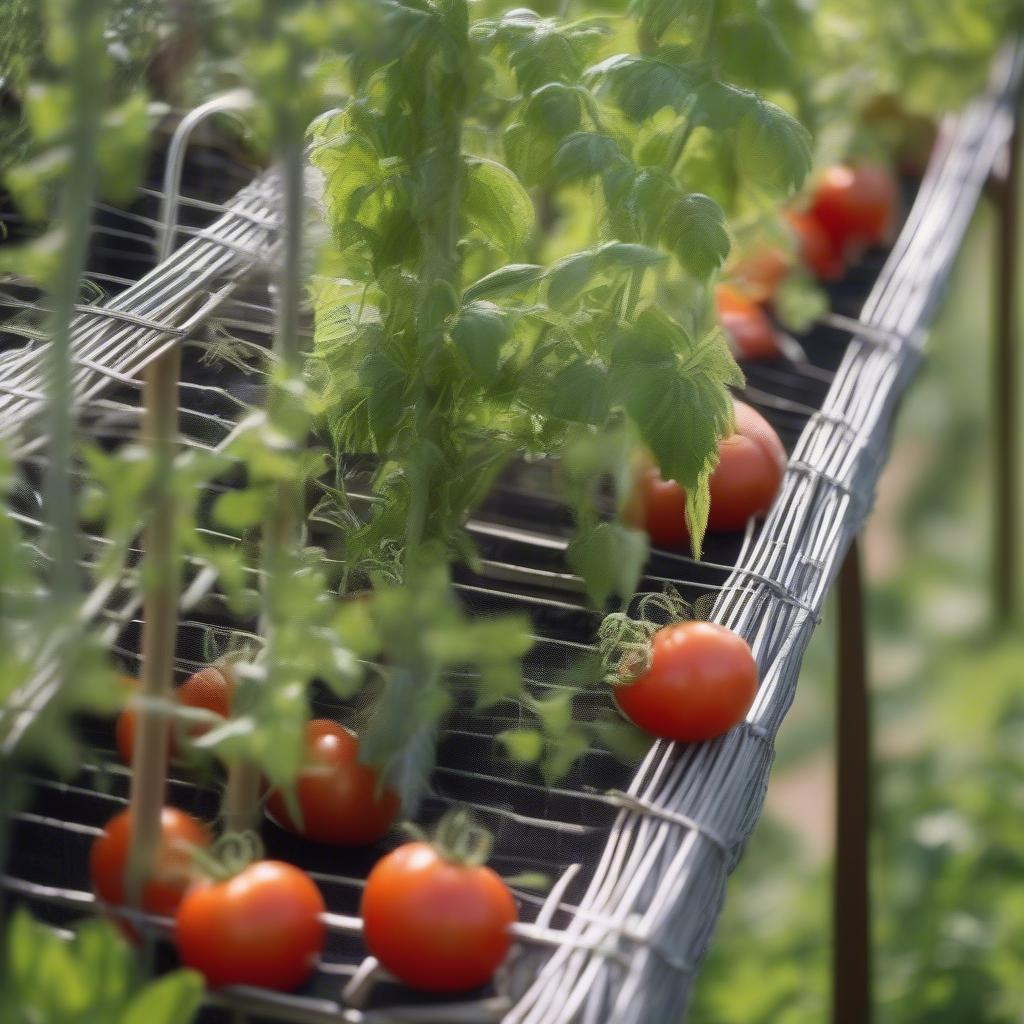 Basket weave tomato support system effectively keeps tomato plants upright and promotes air circulation.