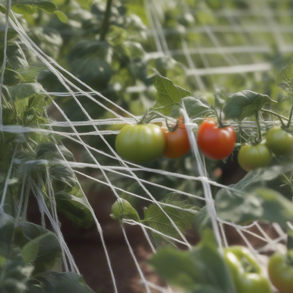 Basket weave tomato support system showcasing interwoven twine providing sturdy structure for plant growth.