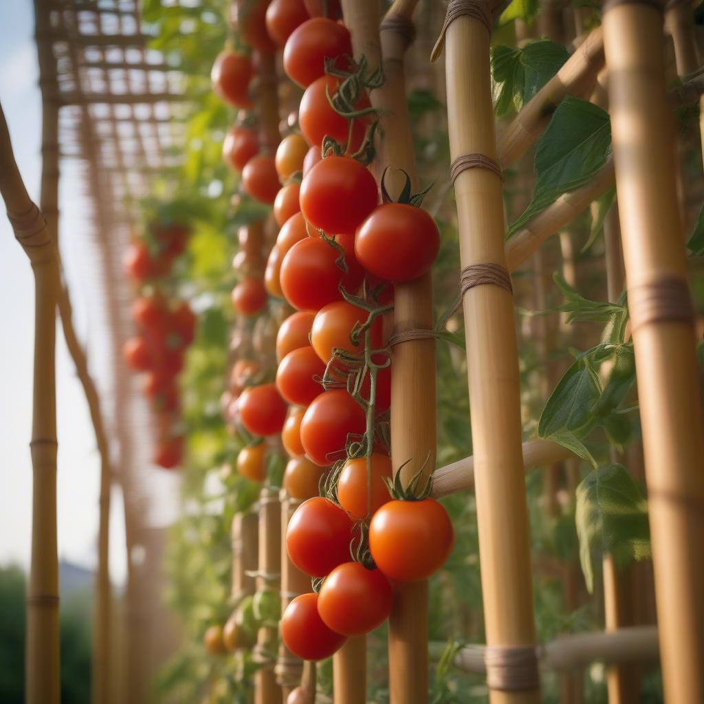 Close-up of ripe tomatoes supported by a basket weave trellis