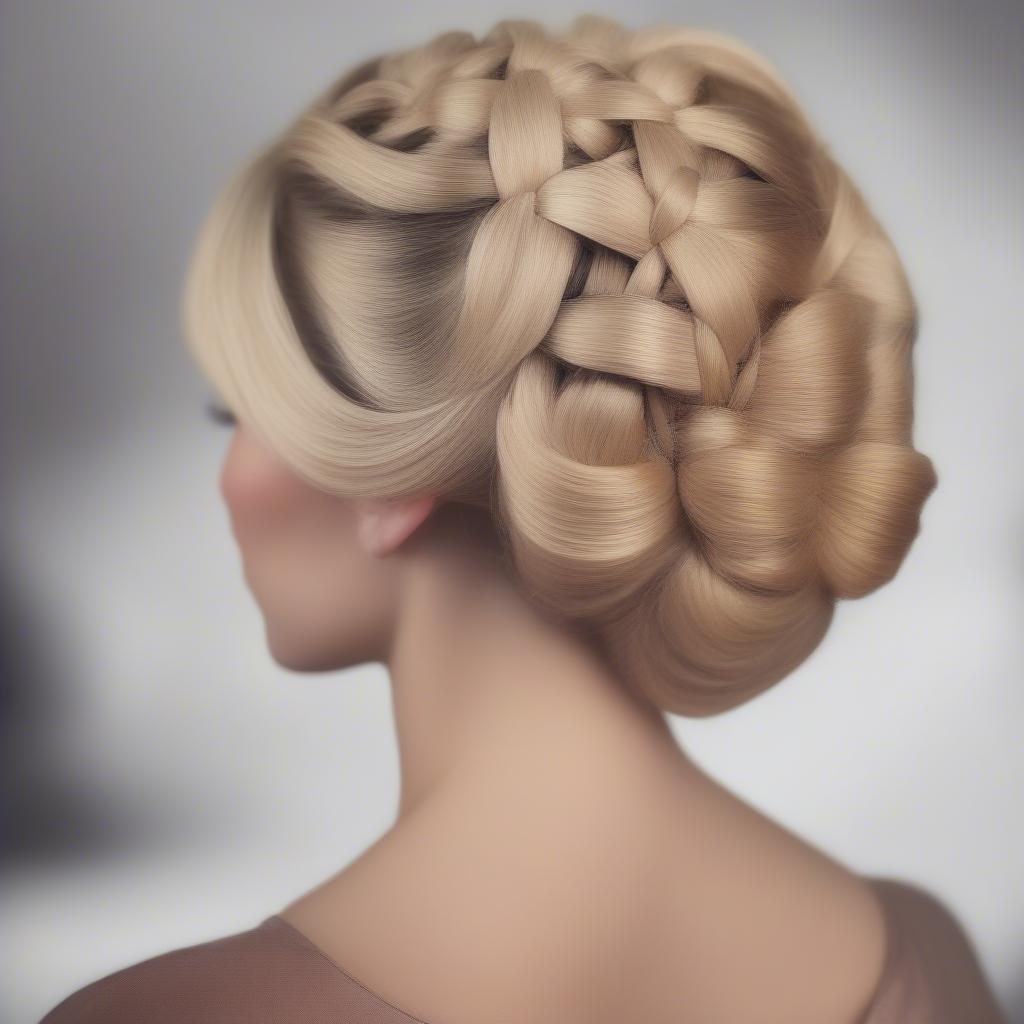 A woman with an elegant basket weave updo hairstyle.