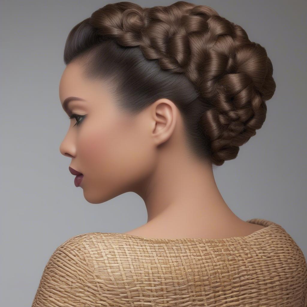 Close-up view of a basket weave updo on natural hair