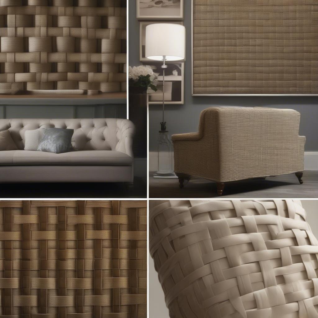 Examples of basket weave upholstery used in various interior design styles, including traditional, contemporary, and bohemian