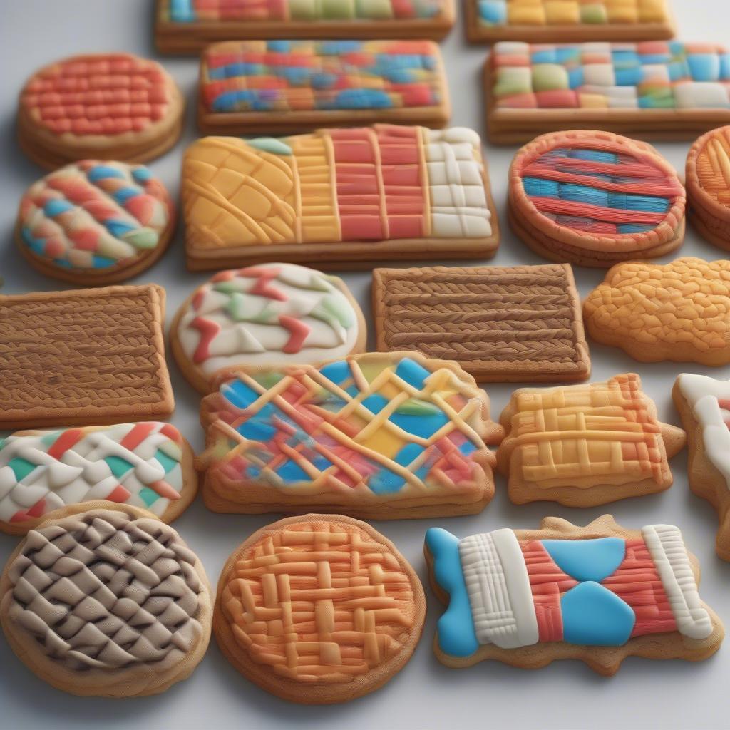 Different variations of basket weave patterns on cookies using various colors of royal icing