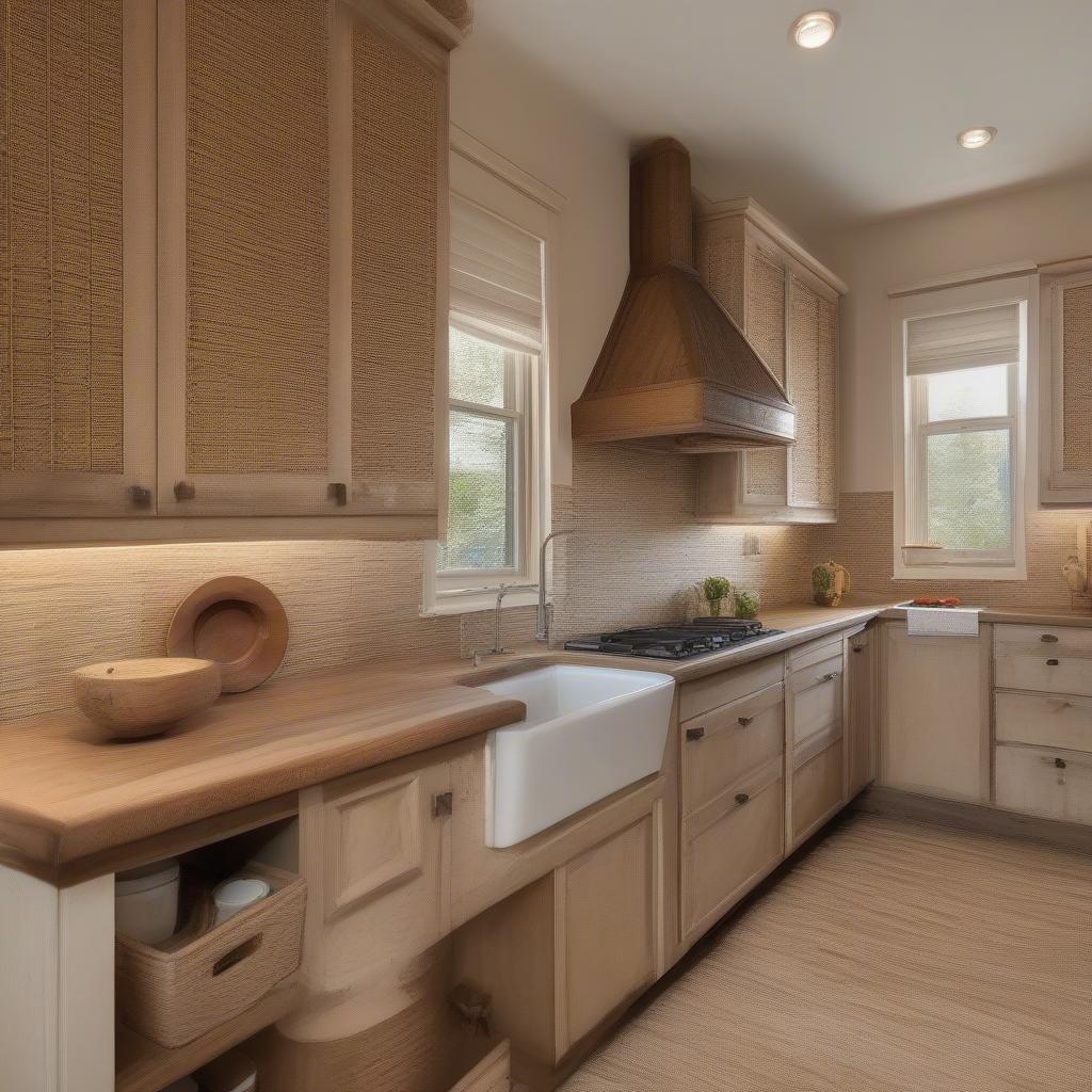 Basket weave wallpaper in a rustic kitchen