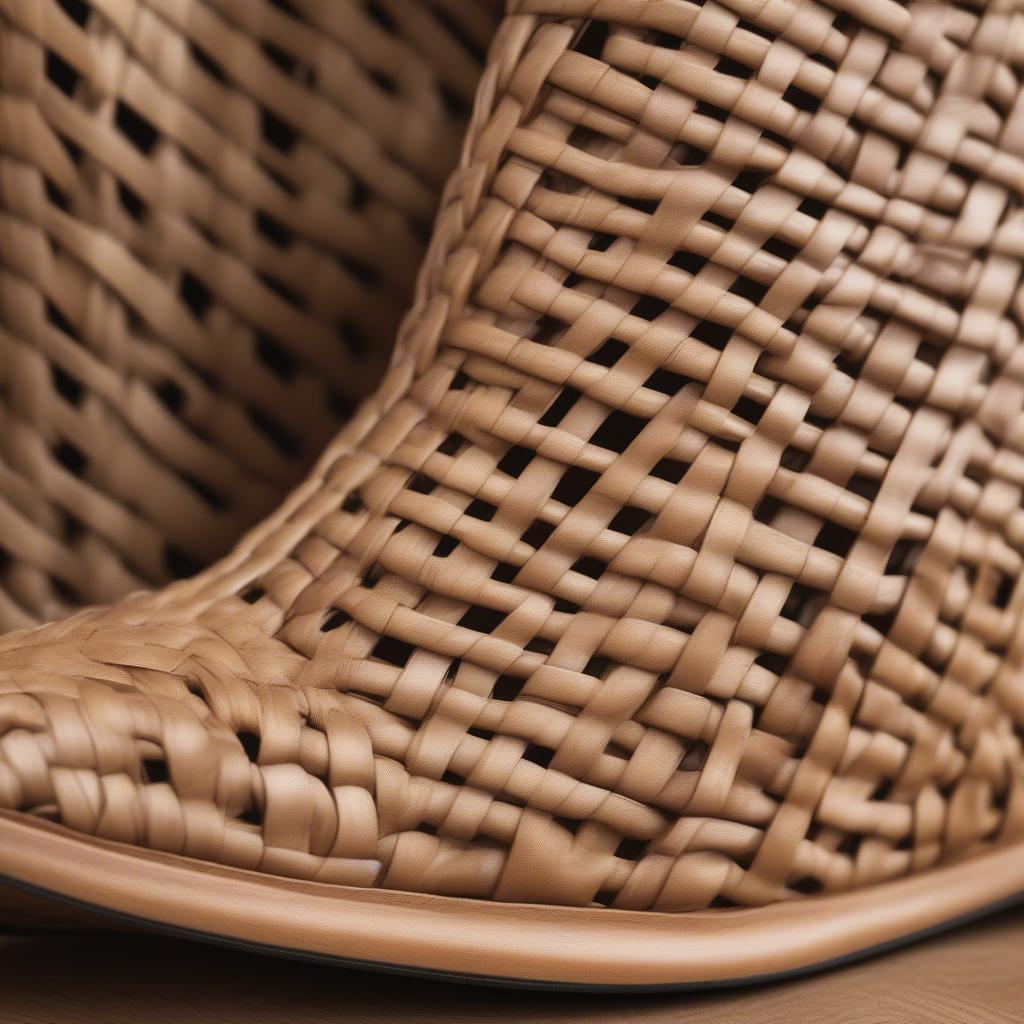 Close-up of the intricate basket weave pattern on a wedge heel