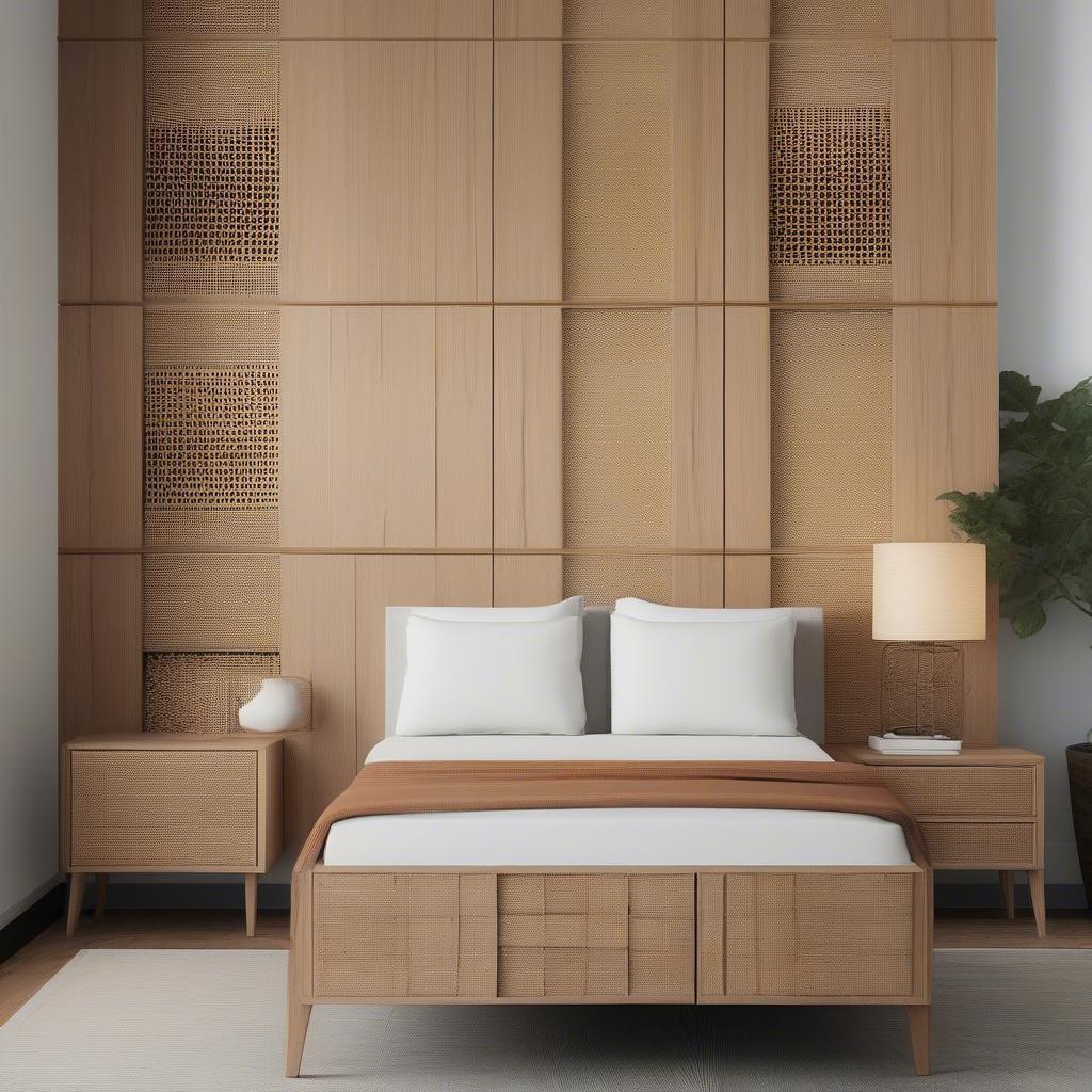 Examples of furniture incorporating basket weave wood panels like cabinet doors and a headboard