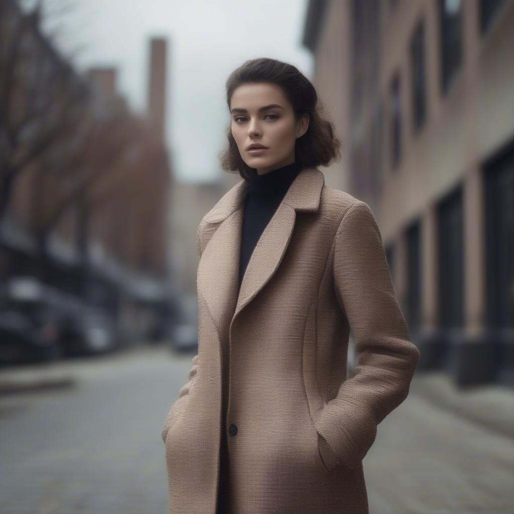 Model wearing a basket weave wool coat