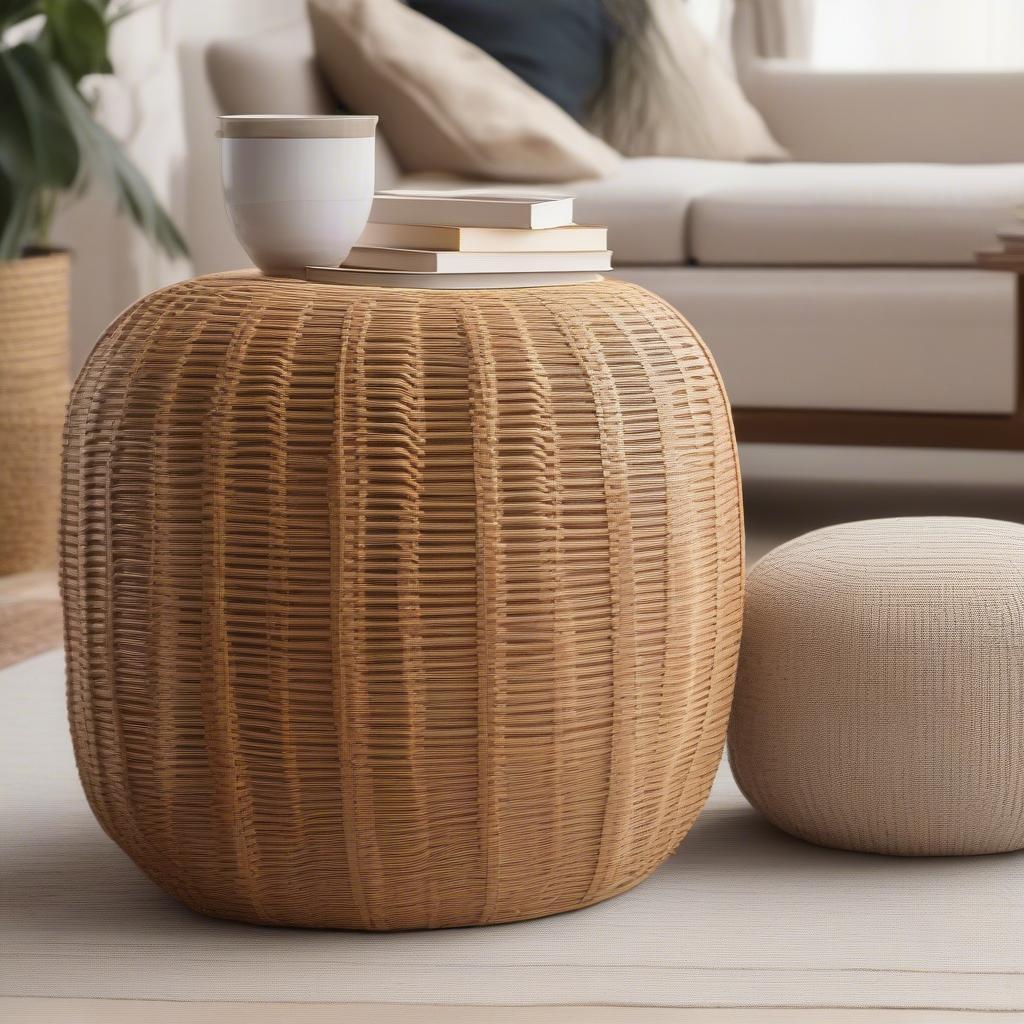 Natural Rattan Basket Weaved Pouf 20 Inches High