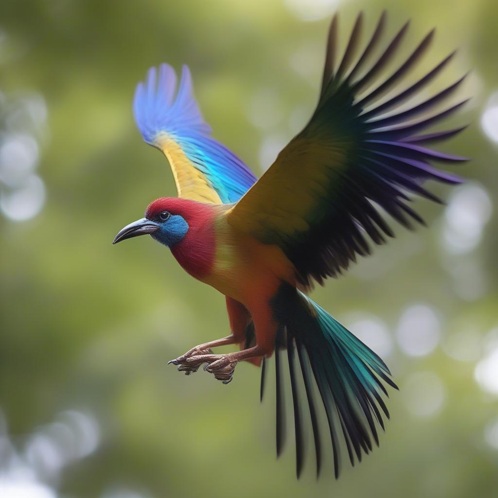 A basket weaver bird in flight against a blurred natural background