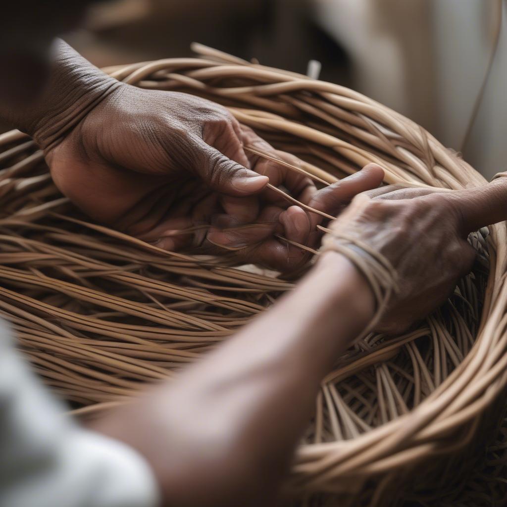 Basket Weaver's Hands Creating Intricate Design